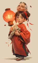 a painting of a girl holding an orange lamp