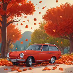an illustration of a red car on a fall day,an old red car in the middle of a road