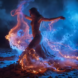 a woman in long dress standing in front of a fire