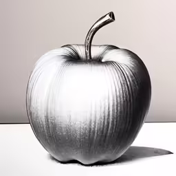 an apple painted in a black and white photo
