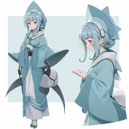 the character is holding two large knives and is wearing a blue outfit