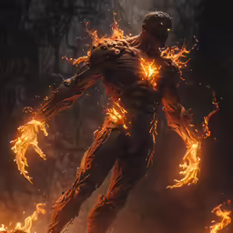 man dressed in orange fire - breathing clothes standing outdoors