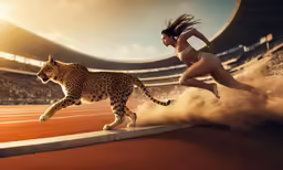 a woman running next to a cheetah on a tennis court
