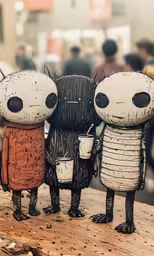 three little black cartoon figures are standing in the street