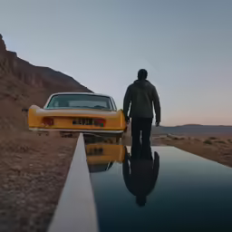 a man is standing next to an old car on the road