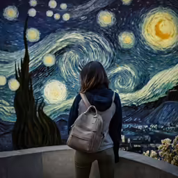 woman in backpack standing on balcony looking at starr night painting