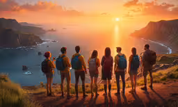 there are many people standing together in this painting,a group of people standing on top of a lush green hillside
