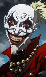 a picture of an evil joker and his red eyes