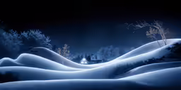 houses sit along a snow - covered, snowy hill at night