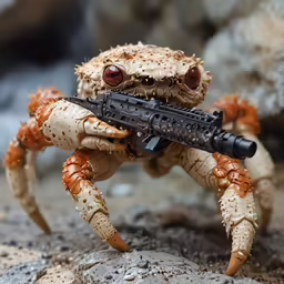 an angry crab holding a toy gun in its claws