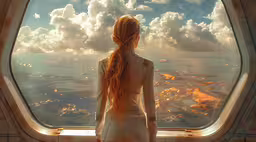 there is a woman looking out the window of an airplane,woman looking out window at the scenery of an island