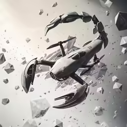 a computer generated sci - fi character from outer space in the sky surrounded by cubes and rocks