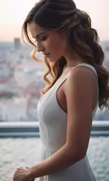 a woman is standing and looking down at her cell phone