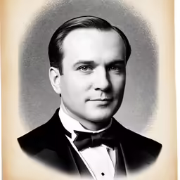 this man is looking to the right and wearing a suit and bow tie