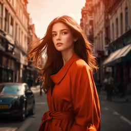 a beautiful young woman in an orange dress standing on the street