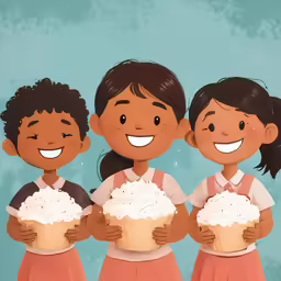 three children smile and hold a basket of fluffy treats