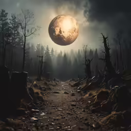 a trail in the woods with a moon in the sky