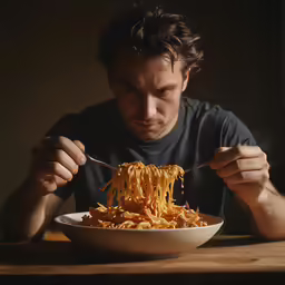 a man sitting at a table eating pasta from a bowl