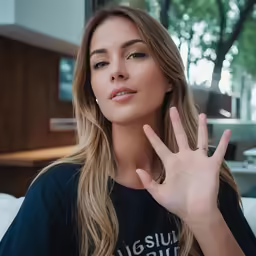 a woman is making the v sign while sitting in a couch