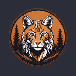 the head of a fox with trees in background,a fox head in front of an orange circle