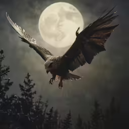 a bird flying over a forest under a moonlit sky