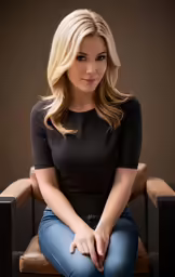 a beautiful blond woman sitting on top of a chair