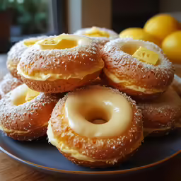 a black plate full of donuts on top of a wooden table