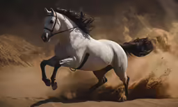 a beautiful white horse running in the sand