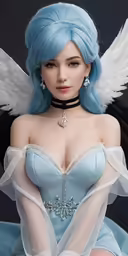 an artist rendering of an angel girl with a short blue wig and white wings