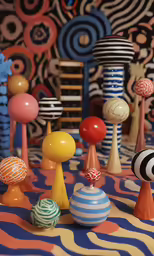 a display of colorful glass balls with a blue black and white swirl pattern on a table cloth