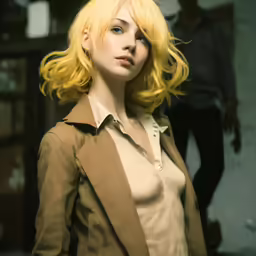 there is a woman with yellow hair standing in the street