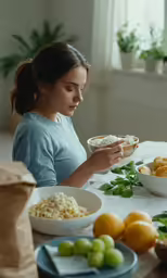a girl sitting at a table, holding a piece of food with green leaves on it