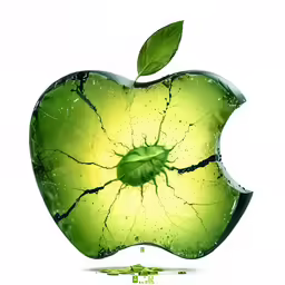 an apple is partially shattered and falling apart