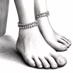 two feet wearing pearls, the bottom one being wearing bracelets