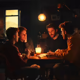 a family gathering around a table with lit candles
