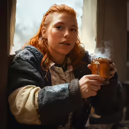 the girl is holding up her beverage for her photo