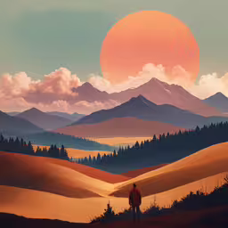 a man standing alone in the middle of a desert,an artwork depicts a man walking across a field as the sun sets over mountains
