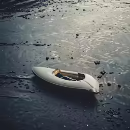 a single boat floating along a beach in the ocean