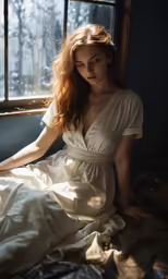a woman is sitting by a window in a white dress