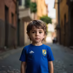 a small boy stands in the middle of the road