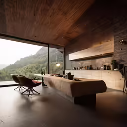 a living room filled with furniture and large windows