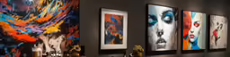 multiple images of art hanging on the wall in a room