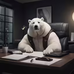 a big white polar bear is sitting in an office chair