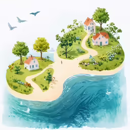 a small island with houses and people in it