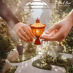 the person is holding a lite up lantern