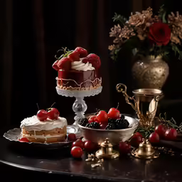 some fruit and dessert items are on a table