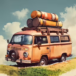 an image of an old van with a surfboard on top,an image of a van with a roof tent attached