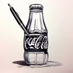 a drawing of a bottle of coca cola with a pen,the pencil has been left on a glass bottle with a lid