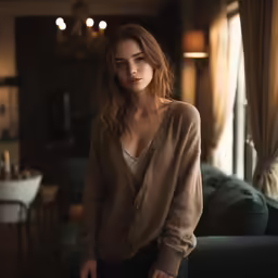 a woman with shoulder length clothes is sitting down