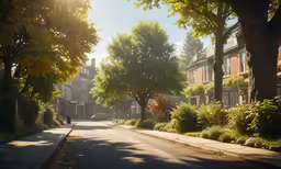 a street in a residential area with trees